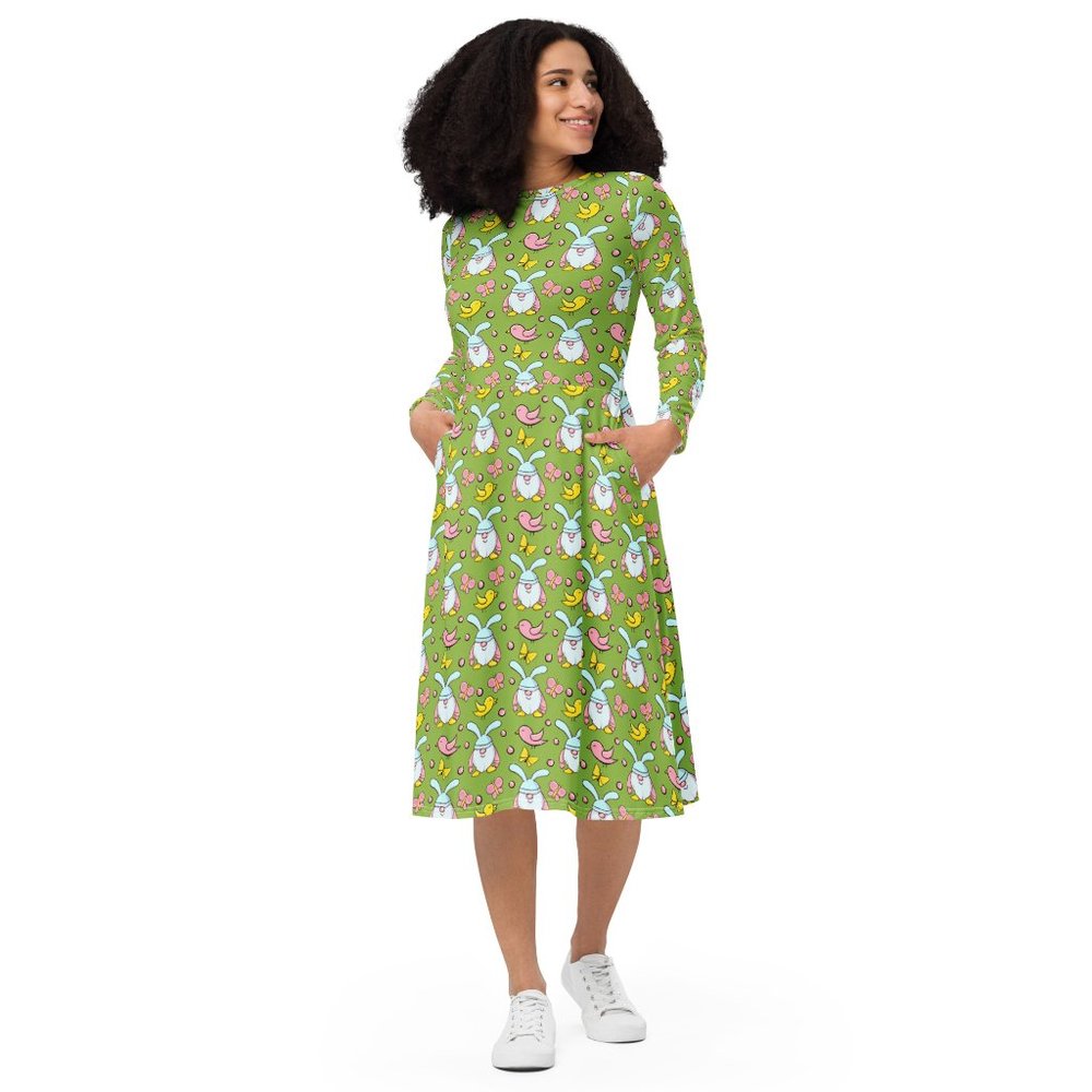 Bunny Gnome Easter Pin Up Long Sleeve Dress